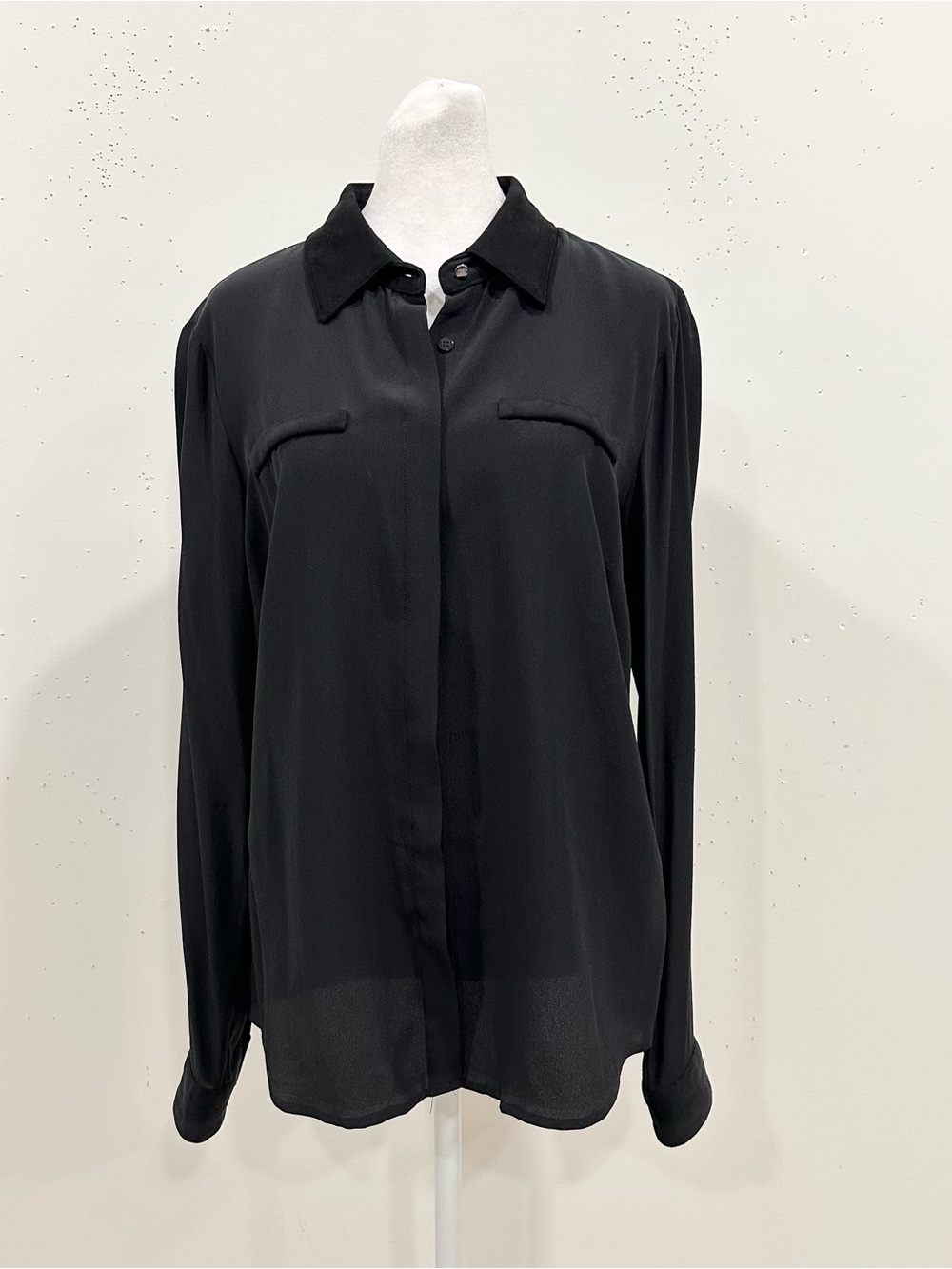 ANTONIO MELANI Black 100% Silk Utility Blouse Shirt Women's Size M Velvet Collar